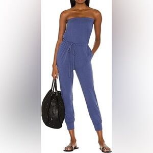 Sundry Strapless Blue Lounge Pocket Jumpsuit